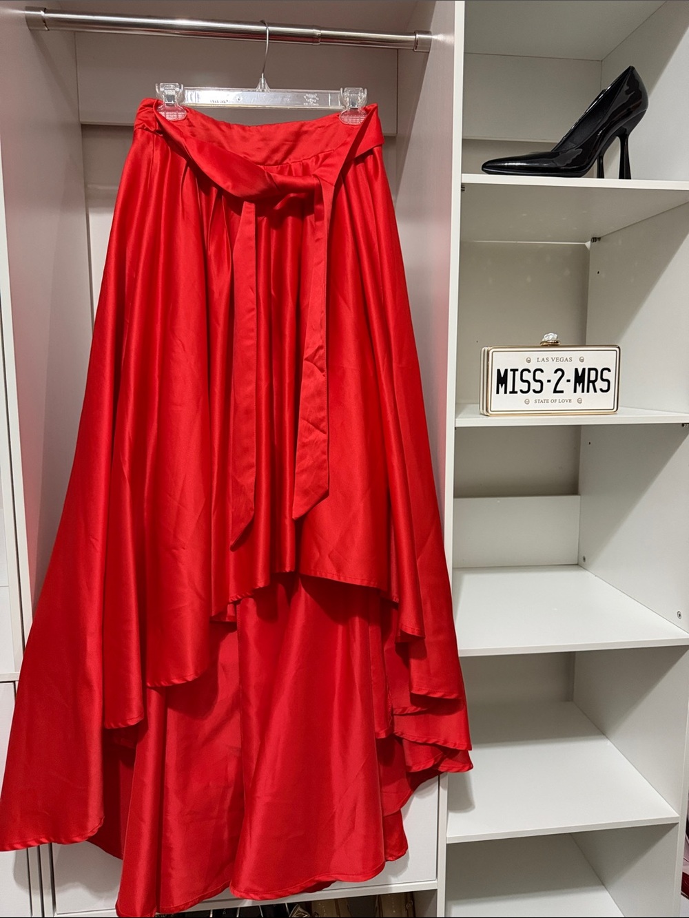 Red High-Low Satin Skirt